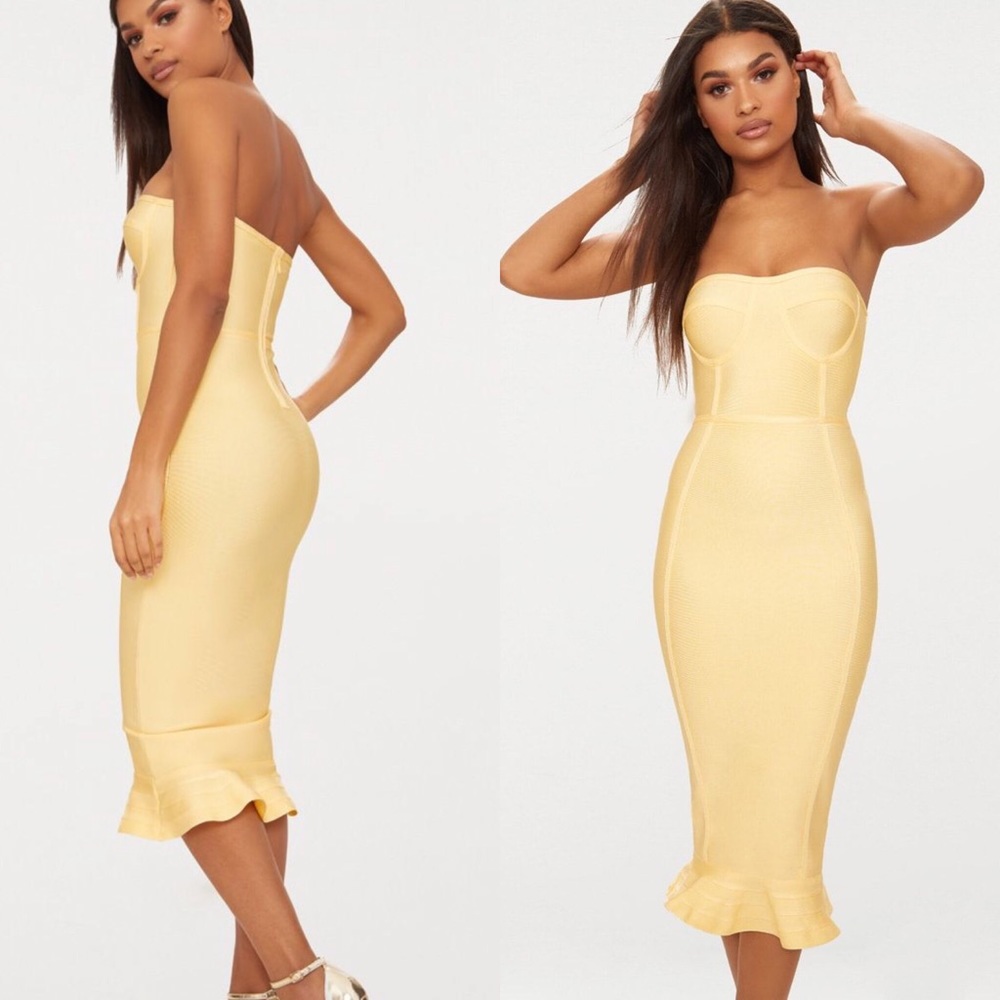Lemon / yellow Bandage Frill Hem Midi